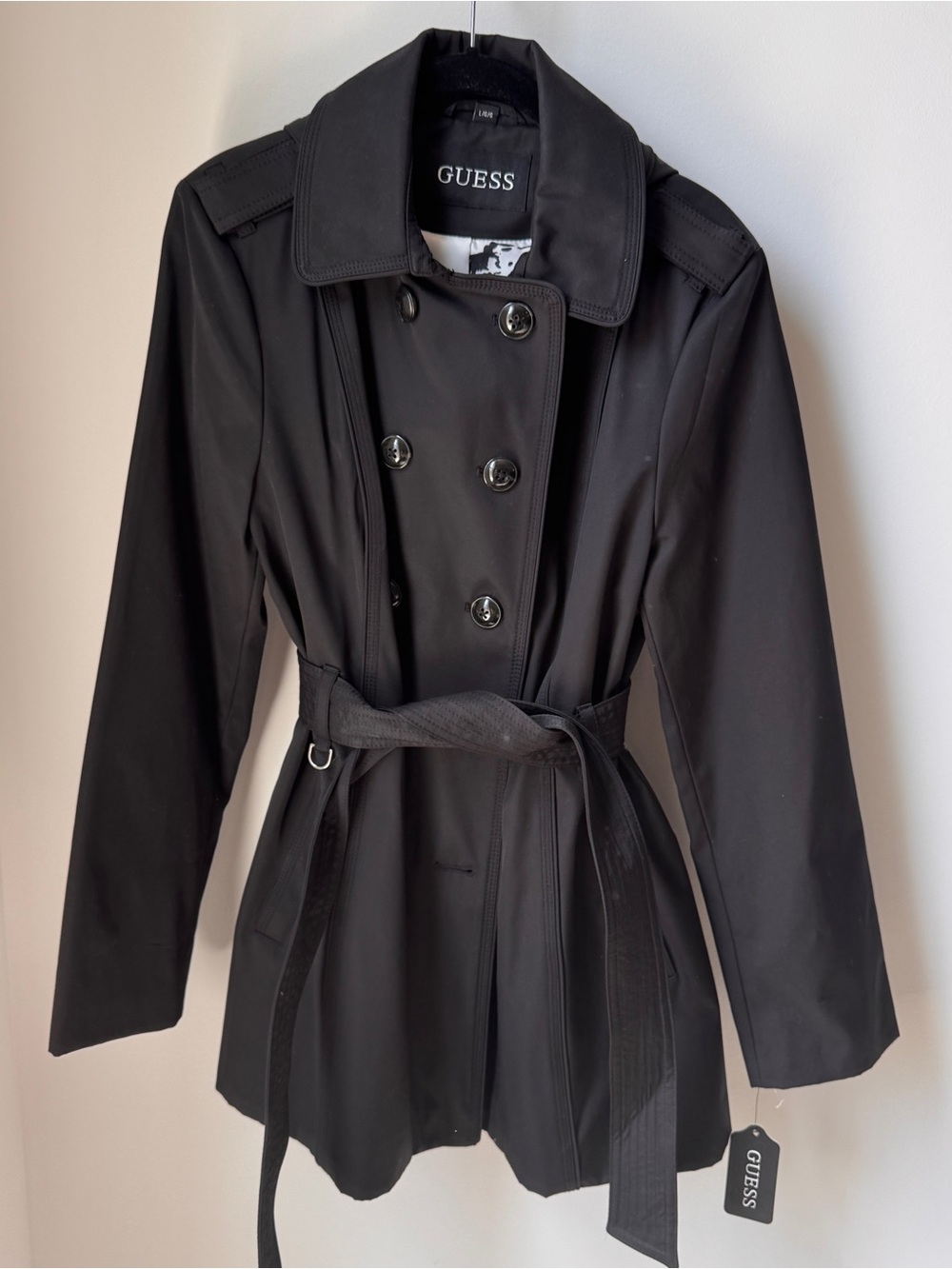 GUESS Black Double-Breasted Trench with Waist Tie